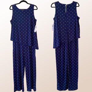 Chico's Summer Sky Dot Layered Sleeveless Navy Jumpsuit, Medium, New With Tags